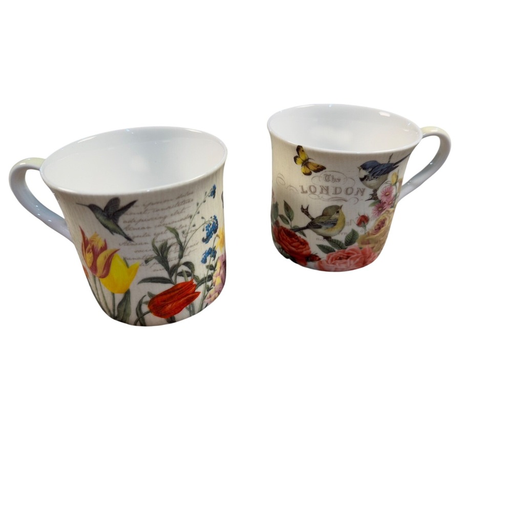 Stechcol Gracie Bone China Mugs Set of 2 Floral Birds Butterfly London Design